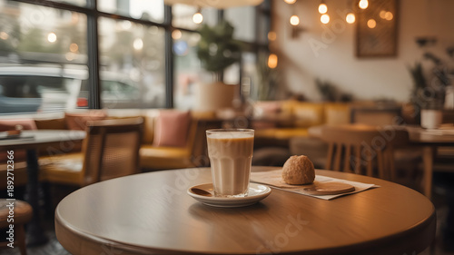 Wallpaper Mural Cafe latte and a bun on a table in a coffee shop. Torontodigital.ca