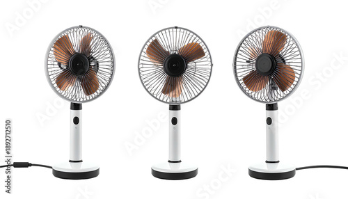 Three modern table fans with white frames and copper-colored blades, on black