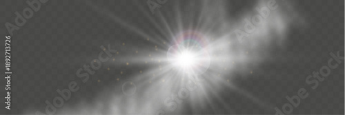 Sun sparkle beam through fog on a dark misty background for elegant compositions