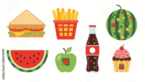 Assortment of Fast Food and Fruits: Sandwich, Fries, Watermelon, Apple, Soda, Cupcake