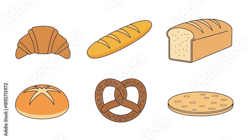 Assortment of Freshly Baked Bread and Pastries: Croissant, Baguette, Loaf, Bun, Pretzel, Flatbread