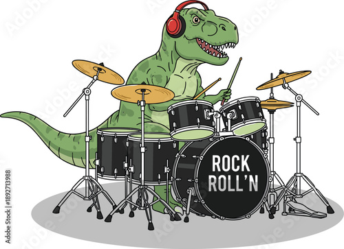 Tyrannosaurus rex drummer, cartoon dinosaur, rock music illustration, drum kit art, funny prehistoric character, headphones, bold text, music theme, entertainment design