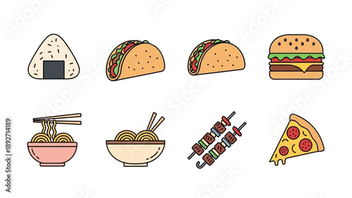 Assorted Fast Food Icons: Burger, Tacos, Noodles, Skewers, Pizza, Onigiri