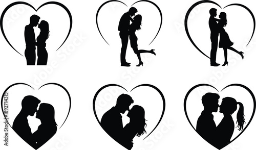 love, couple, romance, romantic, heart, hearts, kiss, kissing, hug, embrace, relationship, passion, emotion, silhouette, black, valentine, wedding, illustration, vector, design