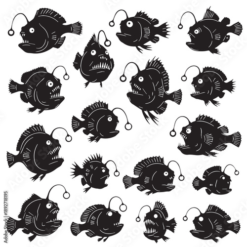 Black Anglerfish Silhouette Vector Illustration design, Solid White Background