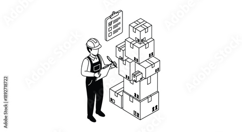Worker in hard hat checks inventory with clipboard beside stacked boxes