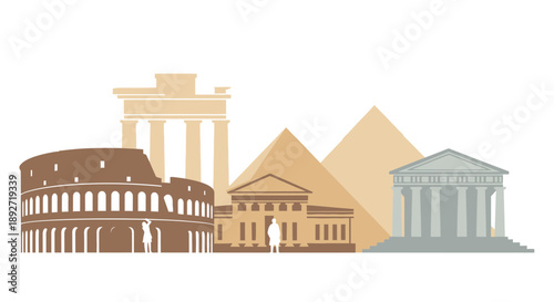 Ancient Landmarks Silhouette: Colosseum, Pyramids, Parthenon, Temple