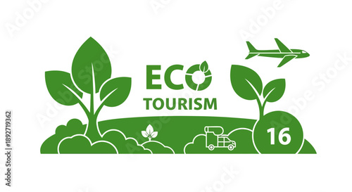 Eco Tourism Concept with Green Leaves, Airplane and Nature Elements
