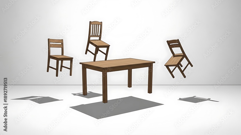 Fototapeta premium Table and chairs with holes in floor.