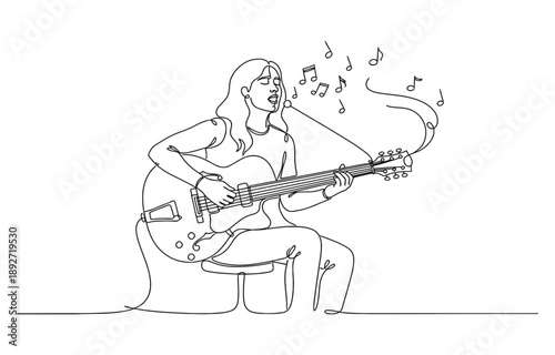Person sing a song with acoustic jazz guitar continuous one line art drawing vector.
