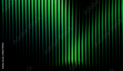 Abstract digital technology background with glowing emerald green vertical waves. Futuristic cyber data stream aesthetic with vibrant light rays on dark black backdrop.
