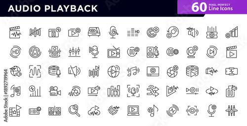 Audio playback line icon set. Multimedia, sound, playback, digital, media, player, streaming, listening, voice recording icons design. Vector illustration