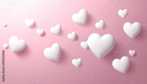 A beautiful arrangement of white 3D hearts floating on a soft pink background.