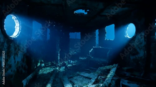 Sunlight streams through the openings of a sunken ship underwater.