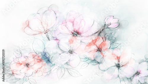 Delicate Watercolor Floral Illustration with Line Art