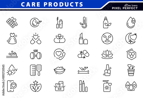 Care Product line icon set. Organic, natural, vegan, canti-age, showcasing, skincare, retinol compound, sunscreen outline icons