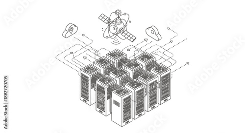 Server room with satellite and network connections illustrating data center technology and communication infrastructure