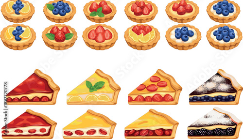 Collection of delicious fruit tarts and cake slices with berries and lemon
