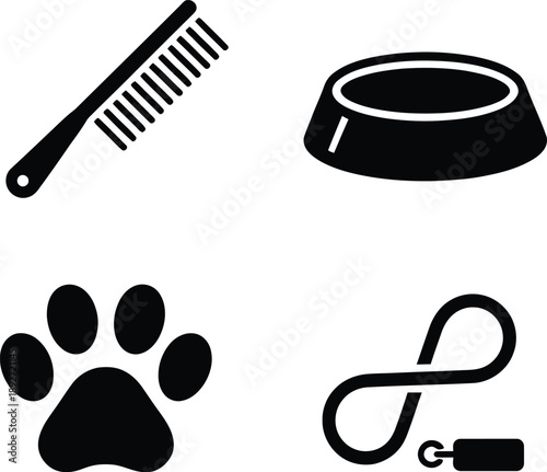 Four simple black and white icons for pet care: comb, bowl, paw print, and leash, vector art