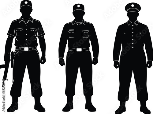 Police and military officer silhouettes, security uniform figures, law enforcement concept illustration, authority personnel icons isolated on white background