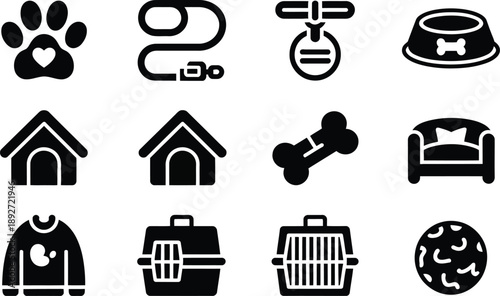 Solid black icons for dog care essentials, featuring a paw print, leash, collar, and grooming tools.