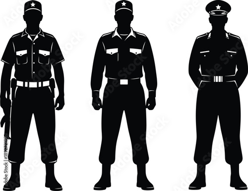 Police and military officer silhouettes, uniformed authority figures, law enforcement security illustration, armed personnel icons isolated on white background