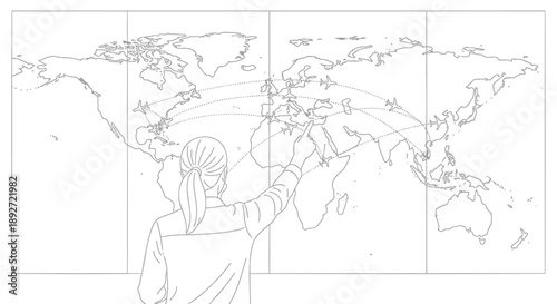 Woman planning travel routes on a large world map with connected lines
