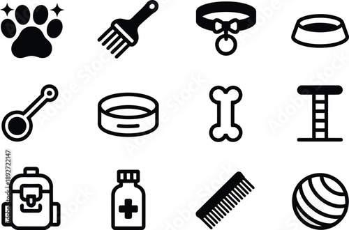Set of vector icons for dog care and pet supplies, including a paw print, scissors, and medical items.