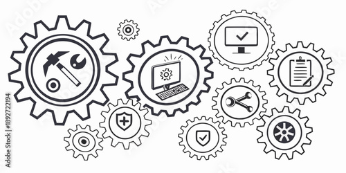 Conceptual illustration of a complex system of gears with icons representing technology, engineering, and business processes, symbolizing integration and functionality