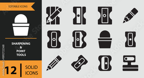 A collection of 12 editable solid icons for sharpening and point tools including pencils and various sharpeners