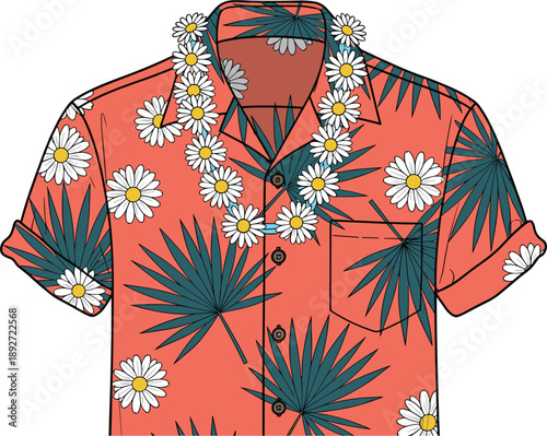 Tropical summer aloha shirt vector illustration with palm leaf pattern and white daisy flower lei necklace isolated on white for vacation fashion design.