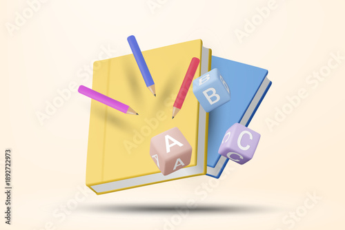 3D vector illustration of books with pencils and ABC blocks. Concept for kindergarten education and preschool learning. School supplies background template.