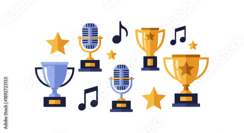 Collection of Trophies Microphones and Musical Notes.