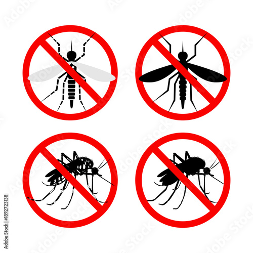 prohibition signs with mosquito silhouettes showing no mosquito warning symbols for pest control