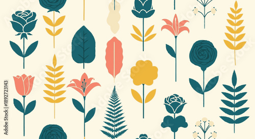 Collection of Stylized Floral Illustrations in Various Shapes and Colors.