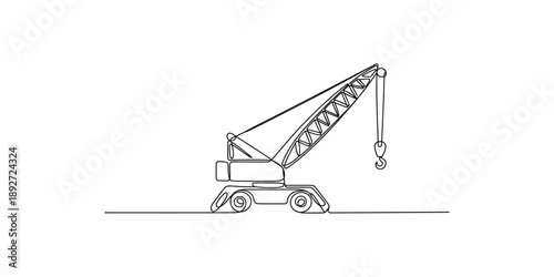 One continuous line drawing of a large construction crane for building and industrial purposes