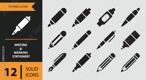 Solid icons of various writing and marking stationery for office, school, and creative projects