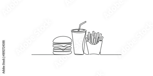 A continuous line drawing illustrating a fast food combo of burger, fries, and soda
