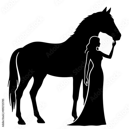 Simple vector illustration: Black silhouette of elegant woman standing with horse