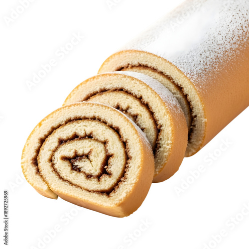 Sliced Swiss roll cake with powdered sugar isolated on a transparent background dessert pastry