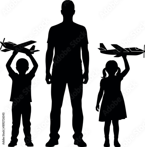 Black silhouette vector illustration of father standing with son and daughter holding toy airplanes and playing together like future pilots.