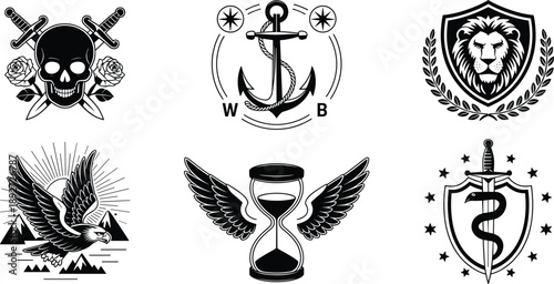 Black and white vector illustration set featuring vintage emblems including a skull with roses anchor lion shield eagle and winged hourglass for tattoo design