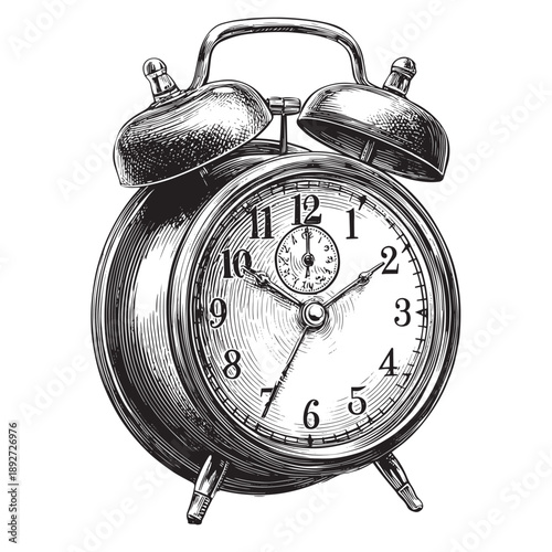 Vintage Double Bell Alarm Clock with Ornate Hands and Roman Numerals, Rendered in Detailed Hatching Pen and Ink Sketch Style
