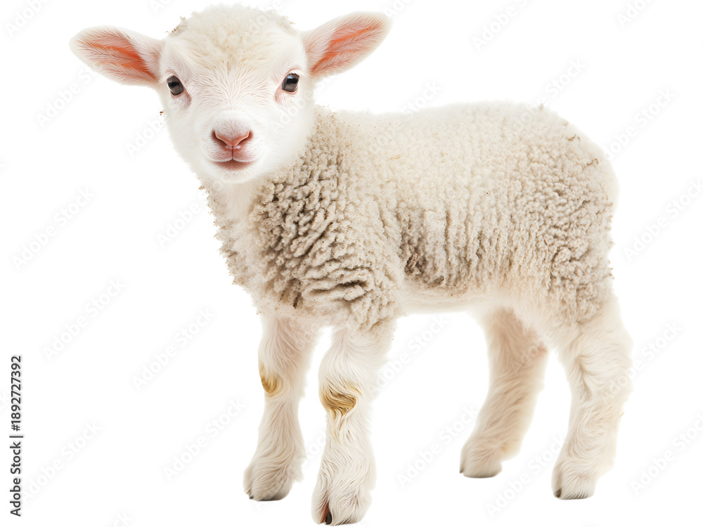 Fototapeta premium Cute young lamb standing isolated on transparent background. Farm animal concept symbolizing innocence, nature, rural life and agriculture.
