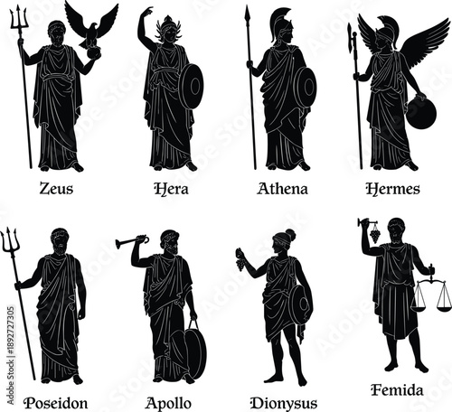 Greek gods silhouettes, mythology icons, ancient deities with symbols, classical divine figures, black vector illustration for education, flat vector