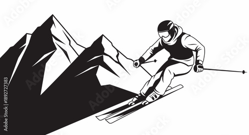 Silhouette Skier Descending Snowy Mountains in a Dynamic Winter Sport Scene on an Isolated White Background