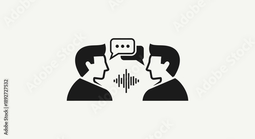 Two people actively communicating and discussing with speech bubbles and sound waves, representing dialogue and conversation on an isolated white background.