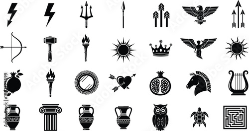 Greek mythology symbol icons set, silhouette collection of ancient artifacts, weapons, animals, columns, lyre, sun, maze, flat vector