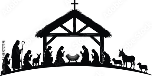 Nativity scene silhouette with holy family, baby Jesus in manger, wise men, animals, Christian Christmas celebration theme, flat vector