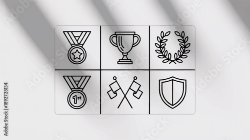 Award symbols trophy laurel wreath flags shield medal
